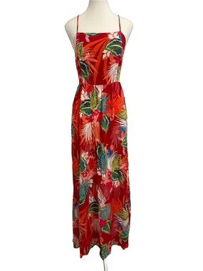 Express Red Tropical Print Spaghetti Strap Maxi Dress